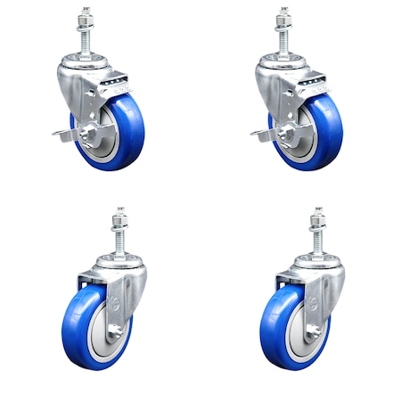 Service Caster 4 Inch SS Blue Polyurethane Swivel 3/8 Inch Threaded Stem Caster Brakes, 2PK SSTS20S414-PPUB-BLUE-TLB-381615-2-S2
